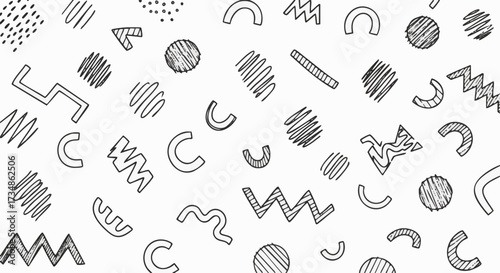 Seamless pattern featuring hand-drawn black geometric and abstract shapes on a white background, evoking a retro 80s or 90s aesthetic