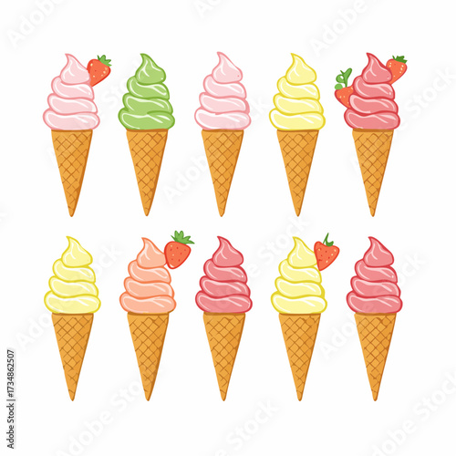 Set of cute collection of ice cream (Sundae, cone ice cream, parfait, popsicle, stick ice cream) pastel colored 