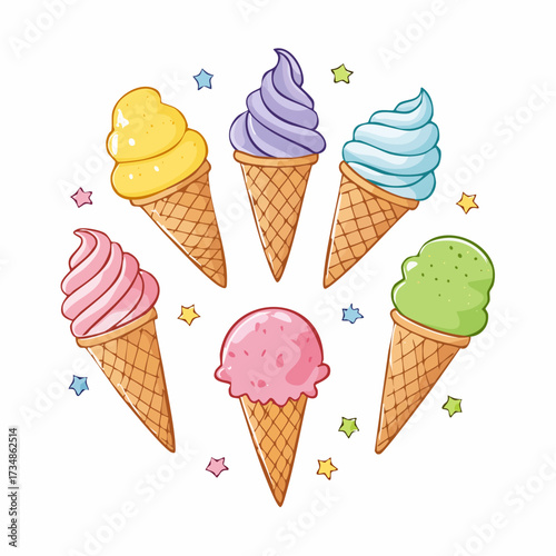Set of cute collection of ice cream (Sundae, cone ice cream, parfait, popsicle, stick ice cream) pastel colored 