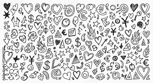 Seamless pattern of hand-drawn doodle icons including hearts, stars, arrows, and currency symbols in black ink on a white background