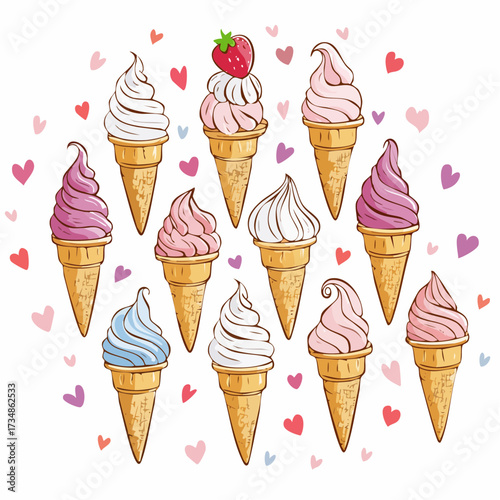 Set of cute collection of ice cream (Sundae, cone ice cream, parfait, popsicle, stick ice cream) pastel colored 