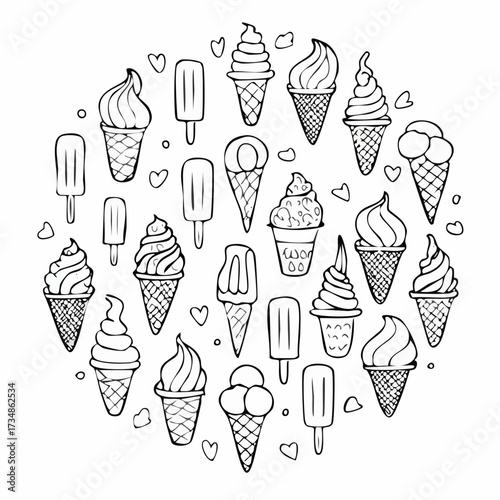 Set of collection ice cream (Sundae, cone ice cream, parfait, popsicle, stick ice cream) black and white illustration 