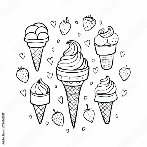 Set of collection ice cream (Sundae, cone ice cream, parfait, popsicle, stick ice cream) black and white illustration 