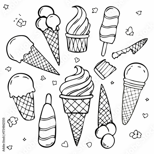 Set of collection ice cream (Sundae, cone ice cream, parfait, popsicle, stick ice cream) black and white illustration 