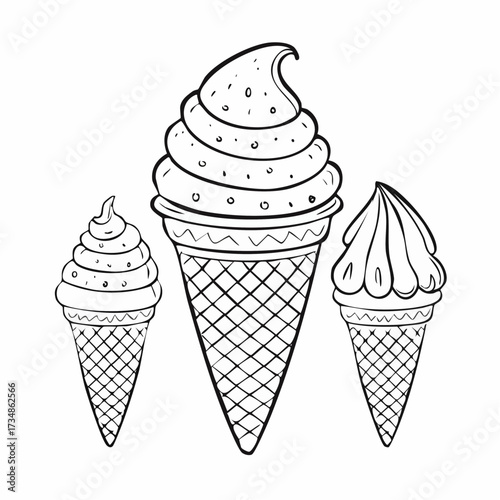 Set of collection ice cream (Sundae, cone ice cream, parfait, popsicle, stick ice cream) black and white illustration 