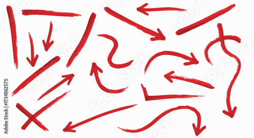 Set of hand-drawn red watercolor arrows pointing in various directions for emphasis, marking, or direction in graphic design projects