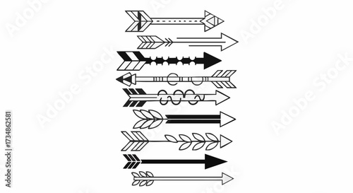 Set of nine decorative tribal and bohemian style arrows with unique linear patterns, ideal for tattoo designs, vector icons, or graphic elements