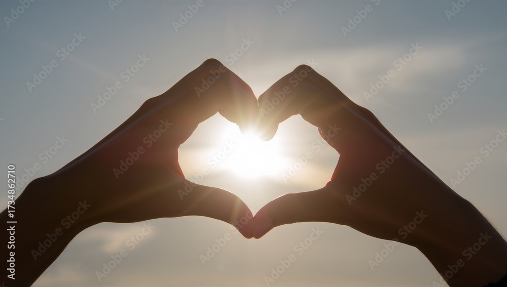 Fototapeta premium Hands forming a heart shape against the bright sun symbolizing love and connection during a beautiful sunset perfect for romantic themes