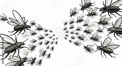 Vector illustration of a swarm of black flies converging toward a central vortex, symbolizing infestation, annoyance, or natural chaos