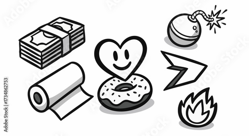 Vector illustration of several icons, including money, a heart-shaped emoji on a donut, a bomb, an arrow, and flames