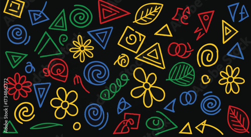 Vibrant abstract doodle pattern of neon geometric shapes, spirals, flowers, and leaves in primary colors on a black background