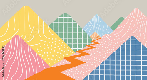 Vibrant abstract mountain landscape illustration with a winding orange path across colorful peaks