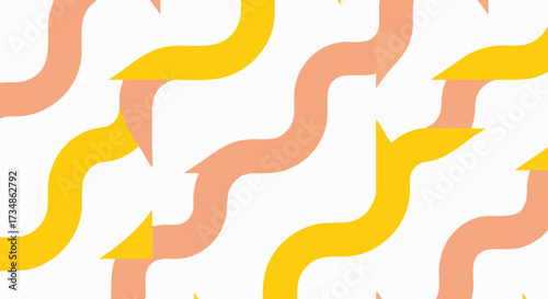 Vibrant abstract seamless pattern featuring intertwined wavy arrows in coral pink and bright yellow on a white background