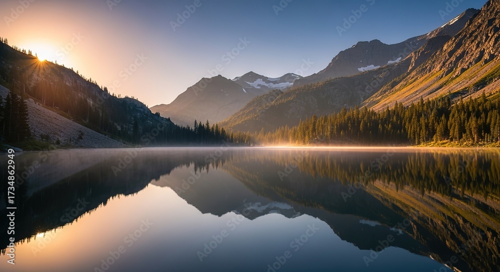 Fototapeta premium Stunning sunrise over tranquil lake reflecting majestic mountains and vibrant forest, perfect for travel, nature, and inspirational themes