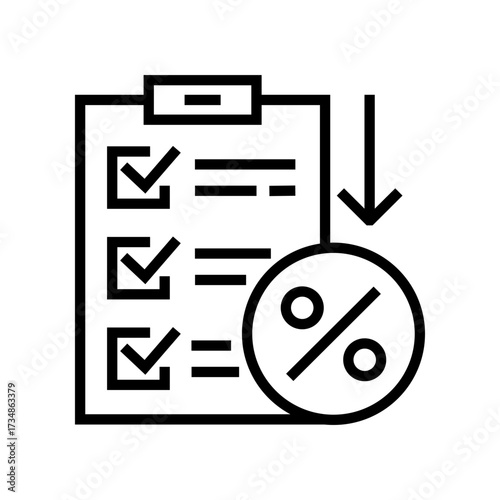Document with checklist, percentage sign and arrow down. Low interest rates line style icon. Financial and economic symbol. Tax deductions vector illustration. Deflation, discount pictogram