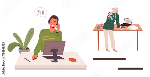 Man wearing a headset assisting clients on a desktop computer woman leaning over desk analyzing papers. Ideal for customer service, teamwork, remote work, multitasking, communication, consultation