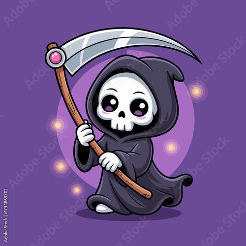 A whimsical skeleton character holding a scythe in a playful manner against a purple background, adding a light-hearted approach to a traditionally spooky theme.