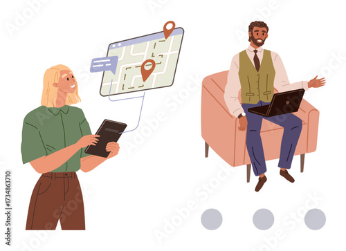 Woman with tablet viewing location map and man using laptop while seated in a chair. Ideal for themes thumbs up teamwork, navigation, remote work, mobility, communication, connectivity, simple flat