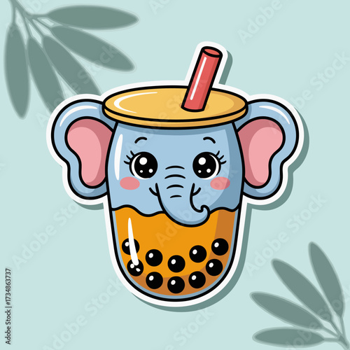 A cute boba tea cup designed like an elephant, featuring oversized ears and bright colors, capturing the playful spirit of beverages and animal motifs.