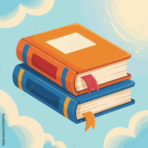 An imaginative view of two colorful books stacked against a sunny blue sky filled with clouds, conveying love for reading, knowledge, and the adventures of imagination.