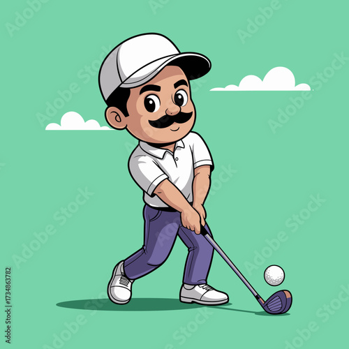 This detailed illustration of a cheerful golfer swinging a club captures the essence of the sport and its joy, perfect for golf enthusiasts and related projects.