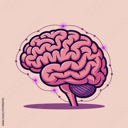 An artistic illustration of a pink brain with neural connections and glowing nodes, representing intelligence and creativity in a modern, vibrant style.