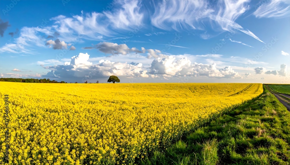 Obraz premium Vast yellow rapeseed field under a dramatic sky