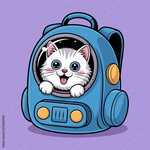 This cute white cat peeking from a space backpack captures a blend of joy and curiosity, showcasing a whimsical character design that appeals to cat lovers and adventure seekers.