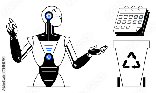 Futuristic robot interacting with a calendar and recycle bin, symbolizing sustainability, efficiency, and technology. Ideal for innovation, eco-friendly practices, time management, AI, automation