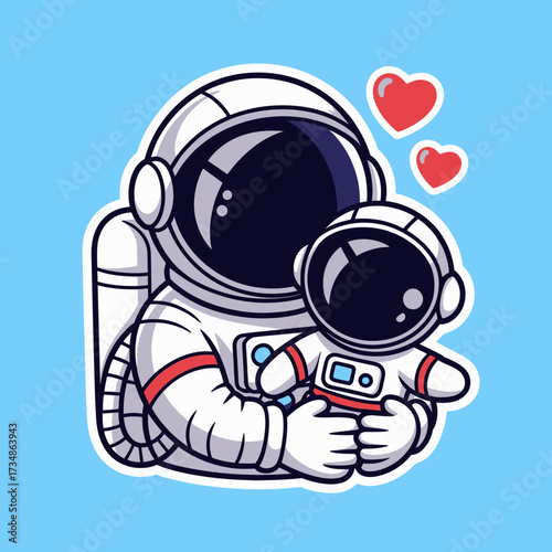 This charming artwork depicts two astronauts, an adult and a child, holding each other with hearts floating around them, evoking feelings of love and bonding in the cosmos.