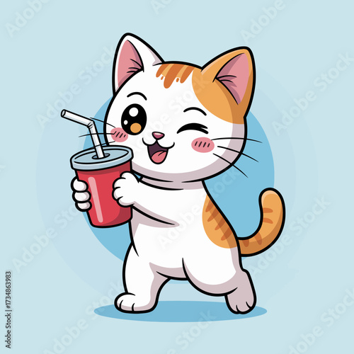 A joyful cat character, clutching a soda cup with a playful grin, radiates a fun-loving spirit, perfect for youthful-themed artworks or playful merchandise.