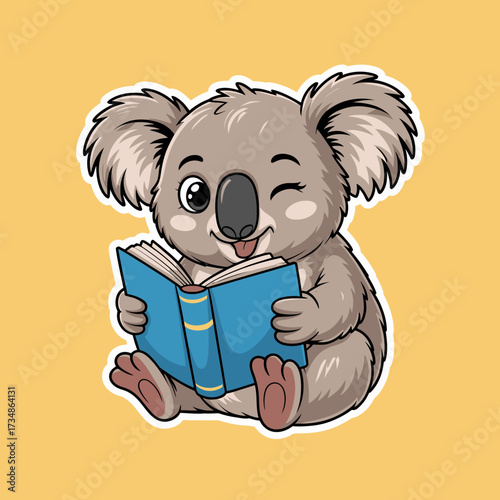 A delightful koala character is joyfully reading a book with a playful wink and sticking its tongue out, showcasing a sense of curiosity and love for learning in a cute way.