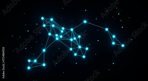 Abstract representation of interconnected glowing blue nodes forming a network pattern against a dark starry background visualizing digital connectivity and complex systems