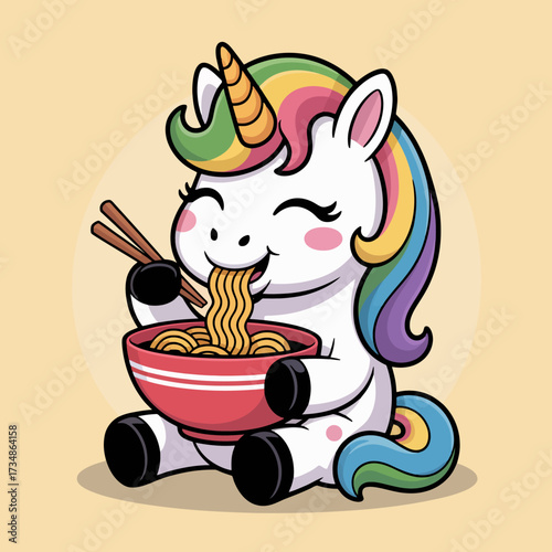 A joyful unicorn character sits eating delicious noodles from a bowl using chopsticks, radiating happiness and imbibing a whimsical, playful vibe in a charming setting.
