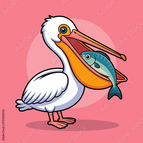 A cheerful pelican proudly displays a fish in its beak, capturing the essence of nature's bounty in a fun and friendly cartoon illustration.