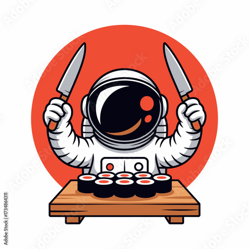 A whimsical illustration of an astronaut skillfully preparing sushi in outer space, merging culinary art with adventure and creativity in a fun and imaginative setting.