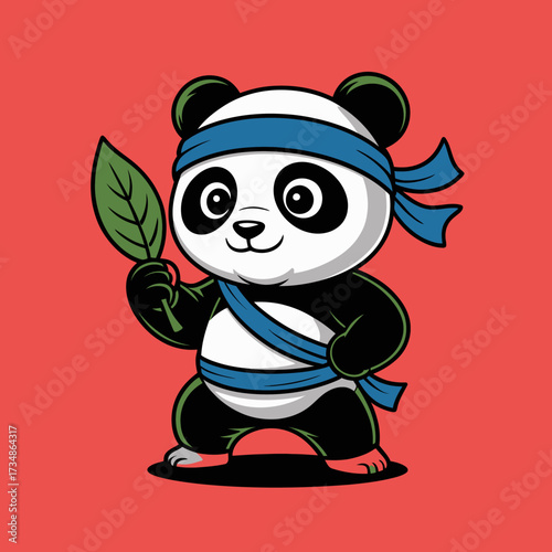This fun illustration features a ninja panda displaying strength and determination, holding a leaf, perfectly blending cuteness and action in a vibrant design.