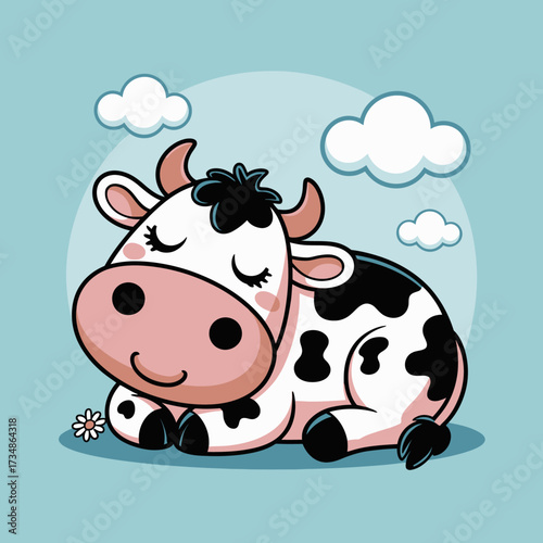 A whimsical cartoon cow peacefully sleeps with a flower, embodying tranquility and charm in a serene farm-like setting filled with fluffy clouds.