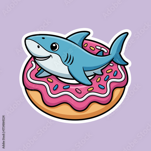 This whimsical image of a shark on a donut combines playfulness with creativity, making it a delightful choice for merchandise, artwork, and food-themed designs.