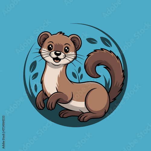 A charming ferret relaxes against a backdrop of whimsical leaves, highlighting its playful nature and adorable features in a vibrant cartoon illustration that's sure to delight.