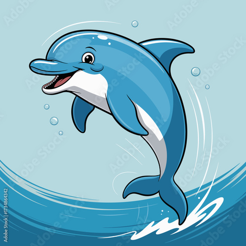 A cheerful dolphin leaps playfully over the waves, showcasing its agility and joy in a bright blue ocean environment, perfect for aquatic-themed projects and designs.