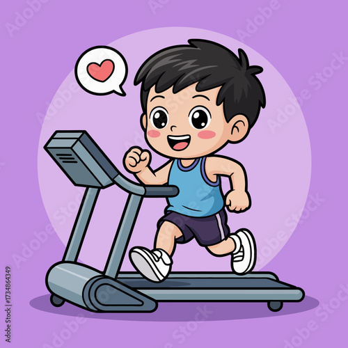 This dynamic image showcases a cheerful young boy running on a treadmill, representing enthusiasm for fitness and a healthy lifestyle in a playful cartoon design.