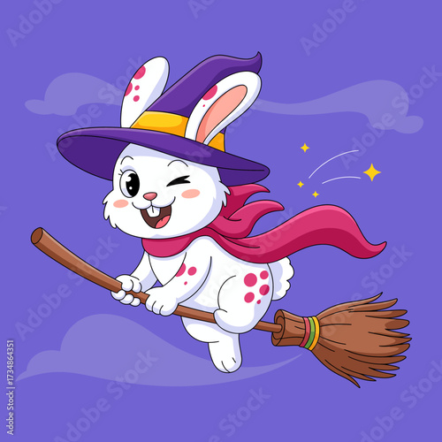 In this enchanting illustration, a playful rabbit wearing a wizard hat rides a broomstick, capturing a sense of magic, adventure, and whimsy against a charming backdrop.
