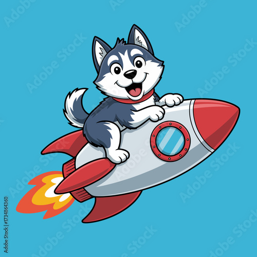 This adorable image features a cheerful husky puppy riding a colorful rocket, showcasing a fun and imaginative exploration of space adventures and joyous journeys.