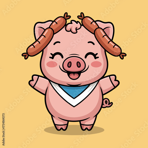 This cute cartoon pig character showcases a joyful demeanor with sausages playfully placed on its head, evoking happiness and a sense of delight within the viewer.