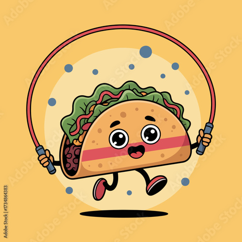A joyful cartoon taco character jumps happily while holding a jump rope, showcasing a fun, quirky representation of lively food and exercise in a colorful design.