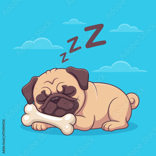 A cute illustrated pug sleeps peacefully with a bone, showcasing tranquility and joy, perfect for pet lovers and anyone seeking to evoke a sense of comfort and warmth.