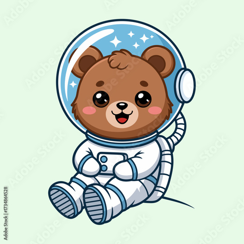 This charming bear, dressed in a spacesuit, embodies curiosity and adventure, making it a perfect illustration for space-themed projects or children's books.