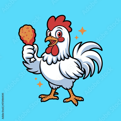 A fun and vibrant cartoon chicken grinning while holding a tasty drumstick, capturing the joy of food and the spirit of animated characters in a whimsical style.