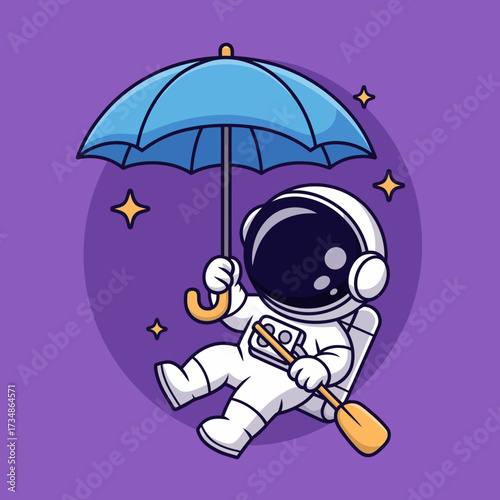 This whimsical image depicts an astronaut joyfully sitting under a bright blue umbrella, embodying a playful blend of adventure and imagination in a cosmic setting.